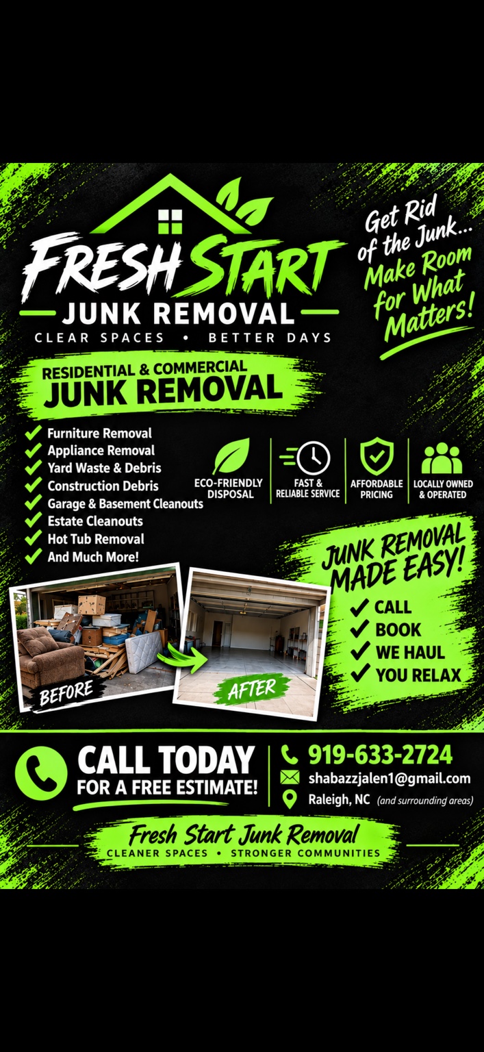 Fresh Start Junk Removal service flyer with contact information for Jalen Shabazz